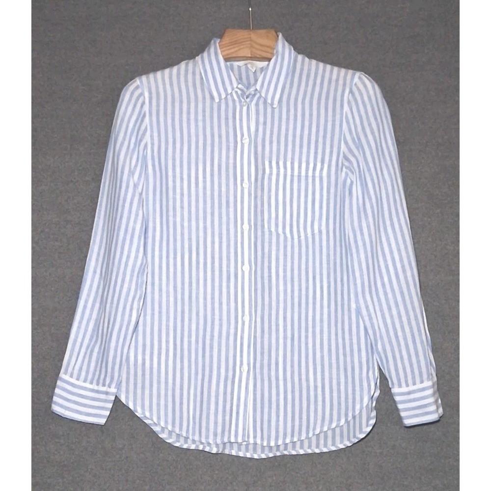 H&M Linen Striped Button Down Shirt Womens Size Small Blue White Vacation Luxury